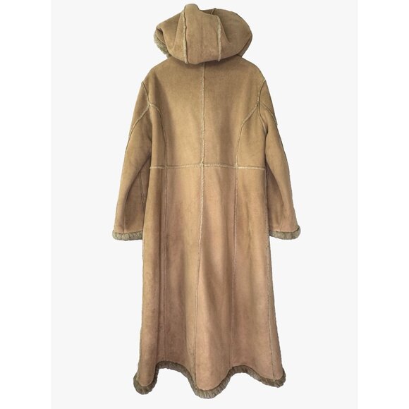 Womens XL Penny Lane Tan Faux Suede Maxi Hooded Full Length Faux Fur Trim Coat - Picture 2 of 15